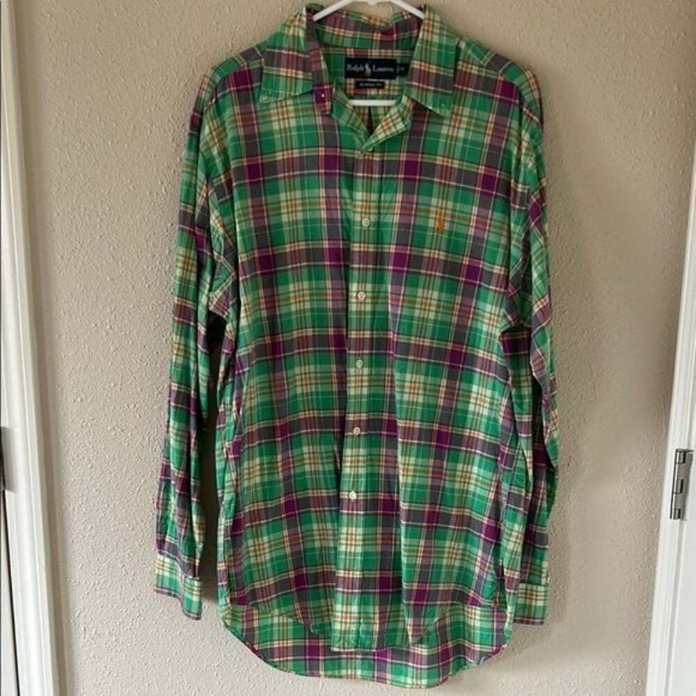 Ralph Lauren Men's Green- Purple Plaid Shirt Vintage Medium